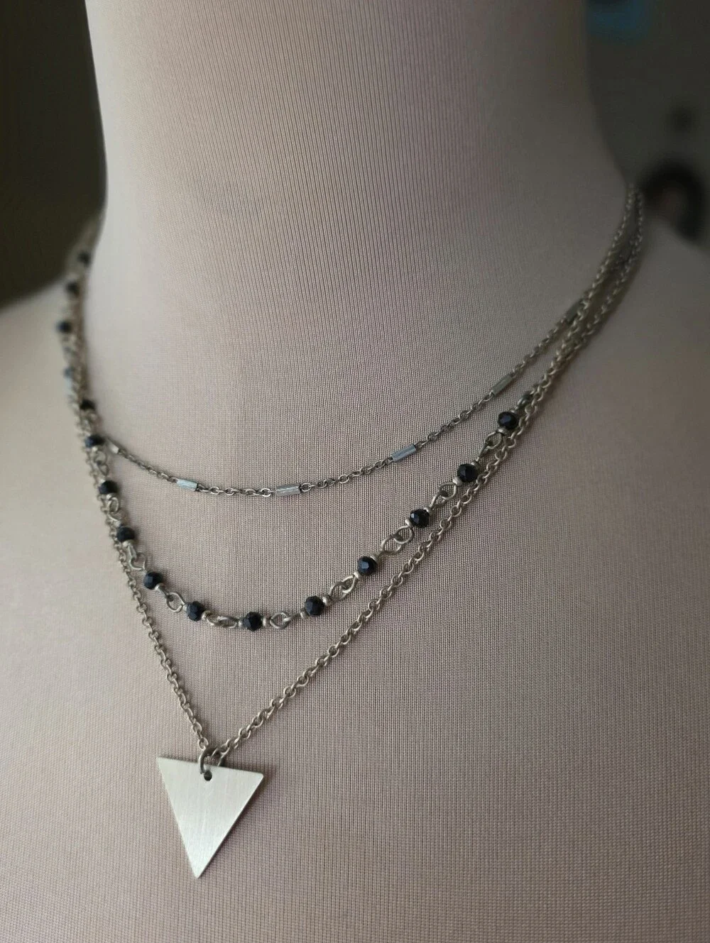 Layered‎ Gold Triangle Necklace Minimalist Beaded Multi Strand Choker 18